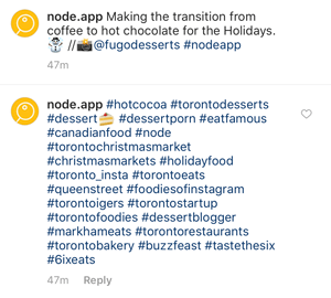 A screenshot of hashtags being used in @node.app comments for their post.