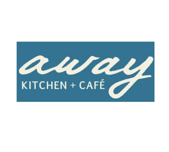 An Away Kitchen and Cafe Logo in off-white font and teal background.