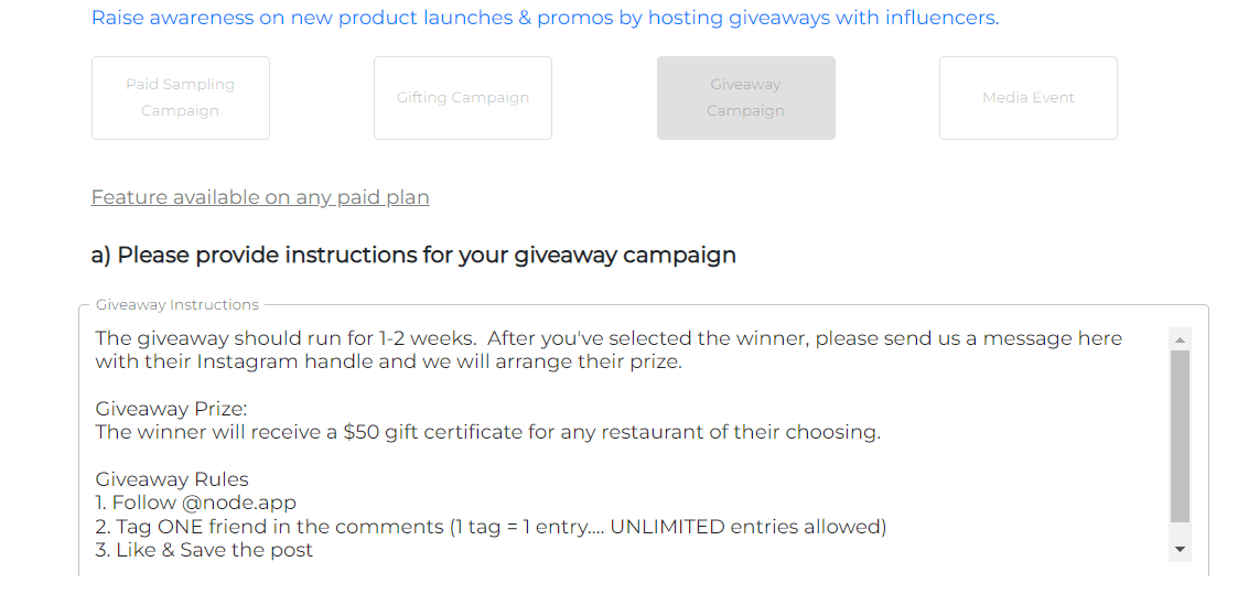 This is an example of a brief that we used to organize an influencer-hosted giveaway recently on Node. 